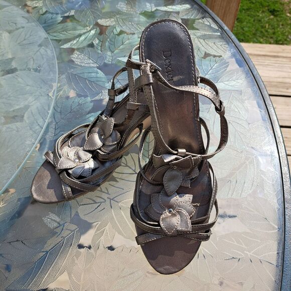 DEXTER METALLIC FLORAL SLINGBACK SANDALS WOMENS SIZE 10 GUNMETAL STRAPPY WEDGE - Picture 4 of 6